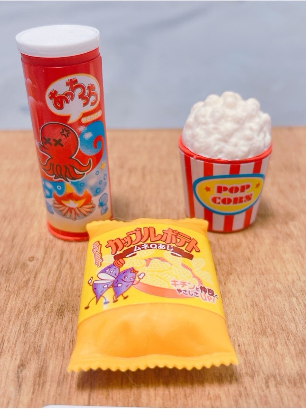 Mini Eraser Snack Set -  Potato Snack, Octopus Can, Popcorn Tub